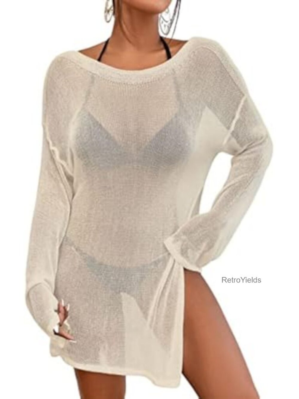Crochet Cover Up Mesh Beach Top Long Sleeve Swim Coverup